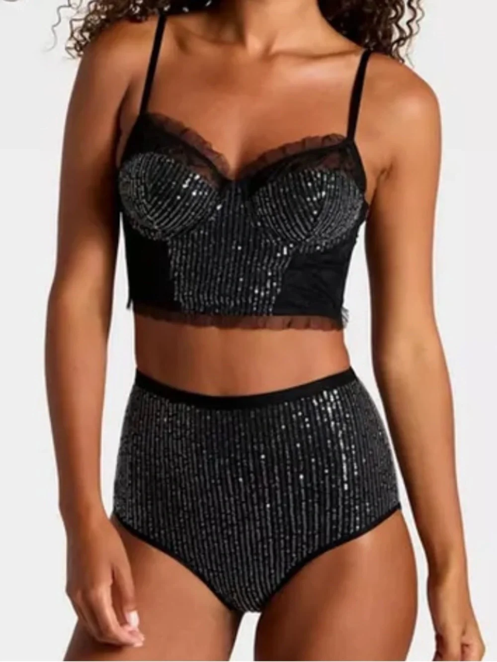 Black Sequin Lace Corset Crop Top w/ Lace Trim & sequin bottom brief NWT XS M L - Picture 1 of 10
